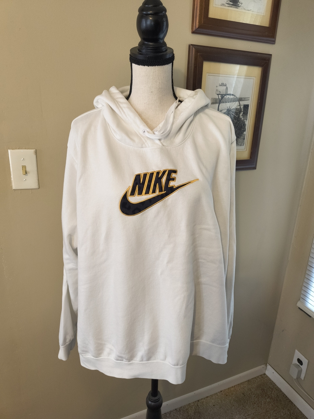 Nike White Hoodie with Black and Gold Logo